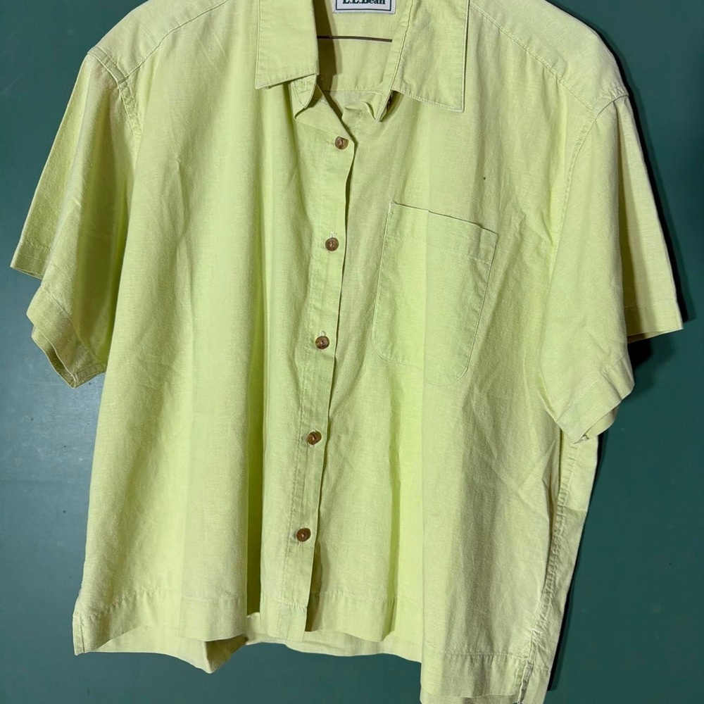 Vintage LL Bean Yellow Short Sleeve Button Up Shirt Mens Large Cotton Outdoor